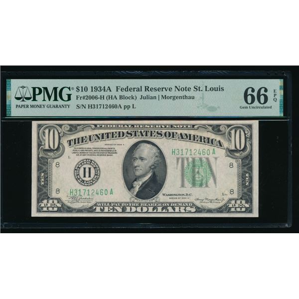 1934A $10 St Louis FRN PMG 66EPQ