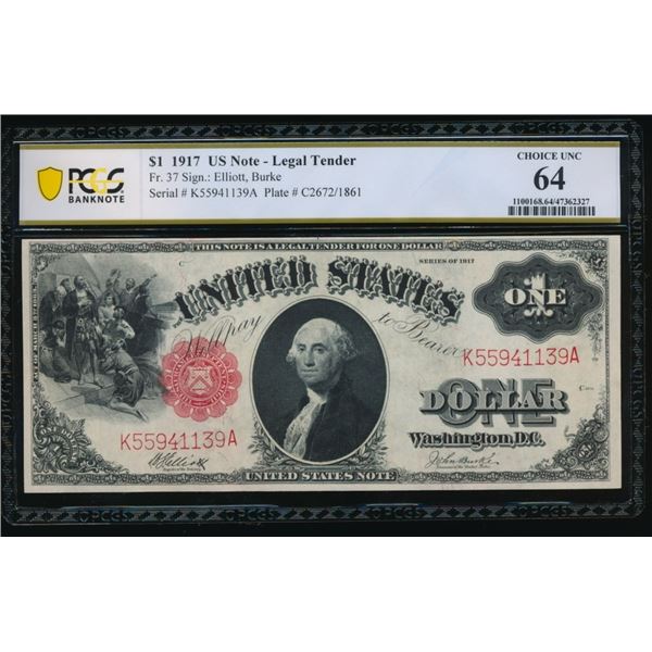 1917 $1 Legal Tender Note PCGS 64