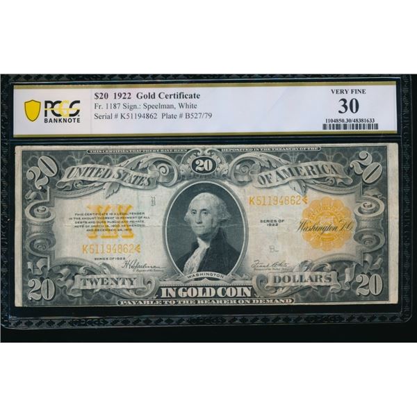 1922 $20 Gold Certificate PCGS 30