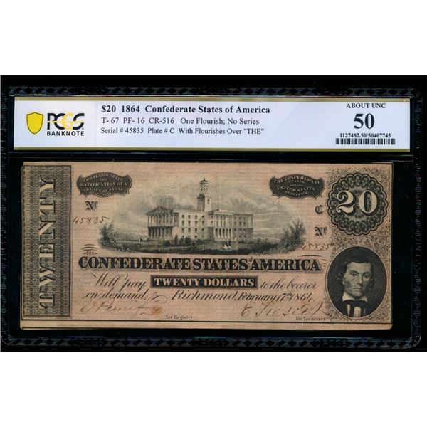 1864 $20 T-67 Confederate PCGS 50