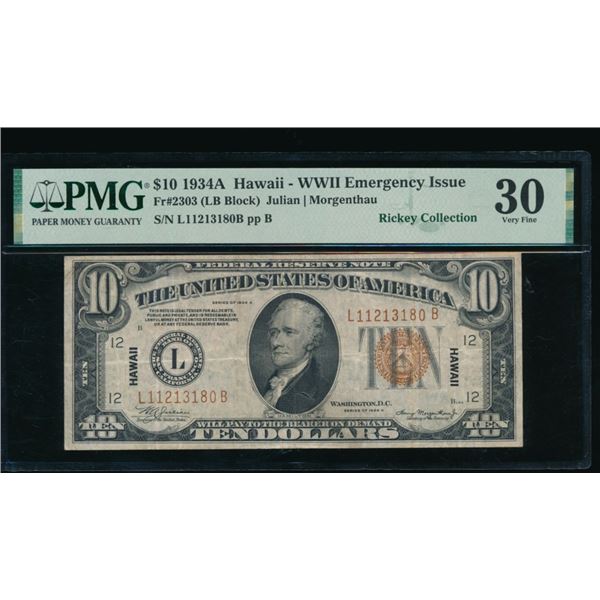 1934A $10 Hawaii FRN PMG 30