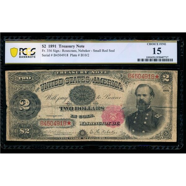 1891 $2 Treasury Note PCGS 15