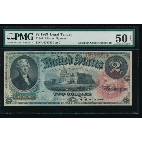1869 $2 Legal Tender Note PMG 50EPQ