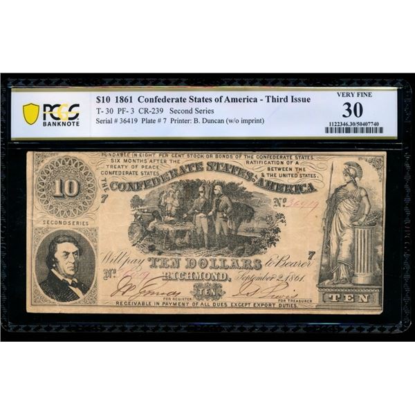 1861 $10 T-30 Confederate PCGS 30