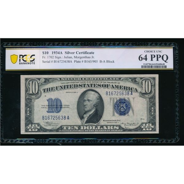 1934A $10 Silver Certificate PCGS 64PPQ