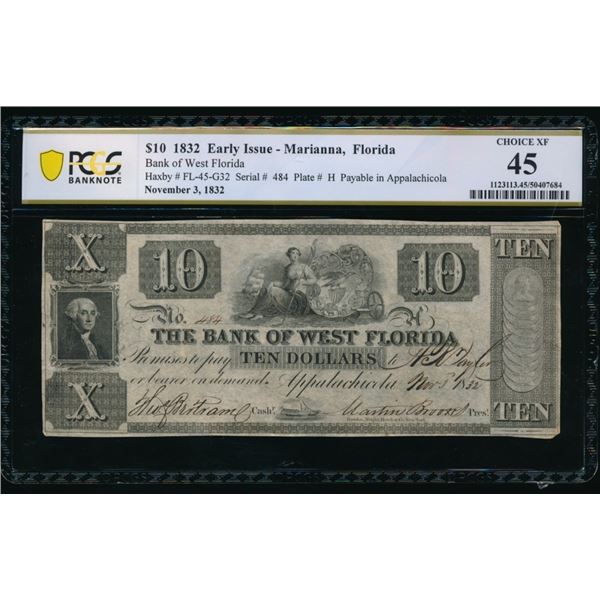1832 $10 Marianna FL Obsolete PCGS 45