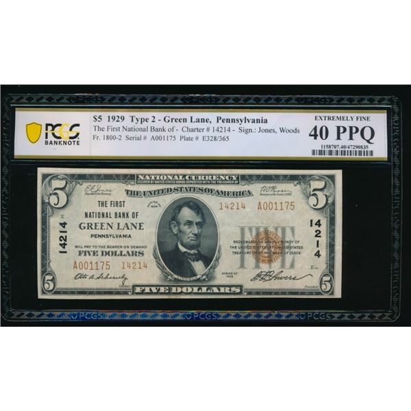 1929 $5 Green Lane PA National PCGS 40PPQ