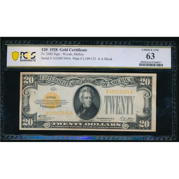1928 $20 Gold Certificate PCGS 63
