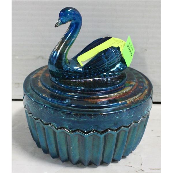 BLUE GLASS SWAN POWDER DISH -LIPSTICK HOLDER