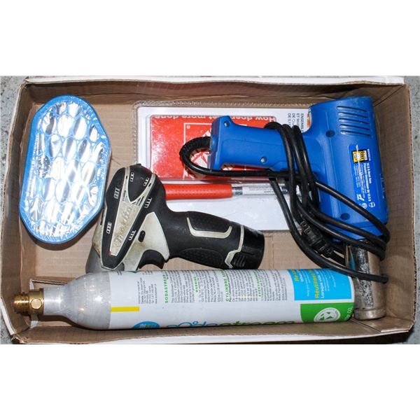 BOX WITH MISC. TOOLS HEAT GUN MAKITA DRILL