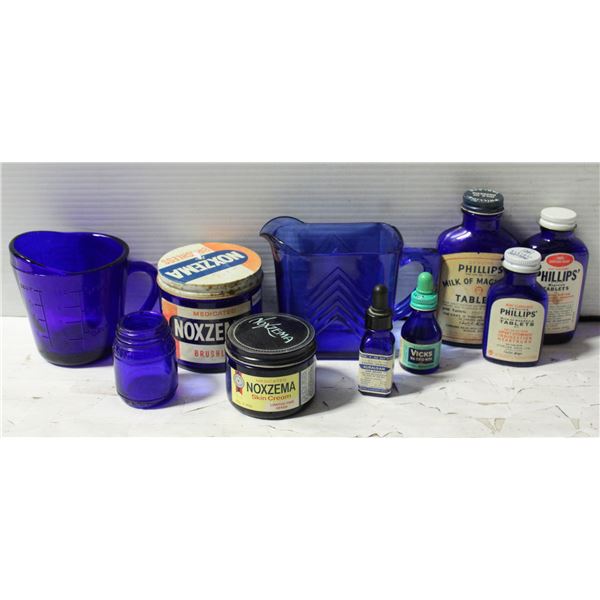 BLUE GLASS MEASURING CUP, PITCHER, NOXEMA,