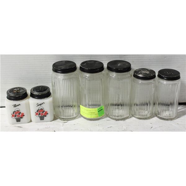 5 SPICE BOTTLES CLEAR, 2 MILK GLASS.