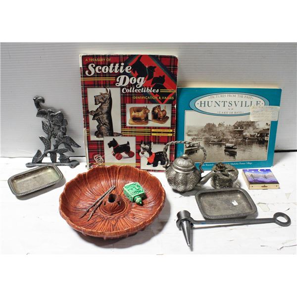 VINTAGE COLLECTABLES PILLBOX, PEWTER, BOOKS