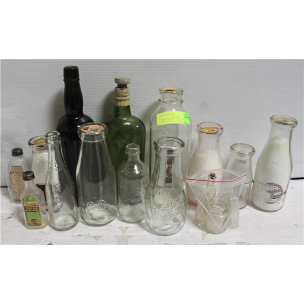 7 MILK BOTTLES, MEDICINE, WHISKEY, PEPSI BOTTLES