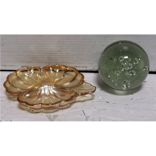 VINTAGE CRYSTAL BALL & IRIDESCENT BOWL