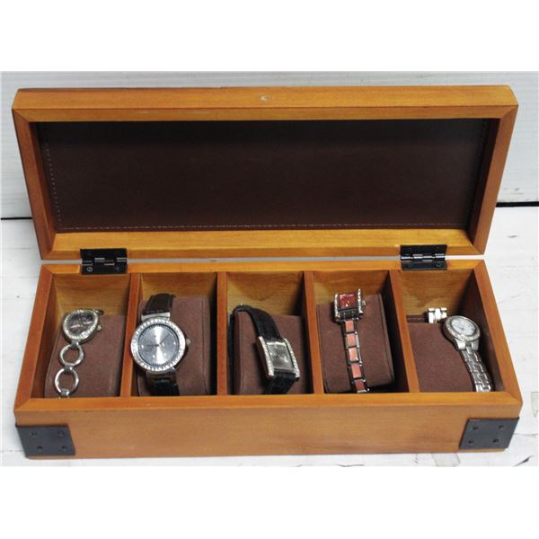 ESTATE WOOD WATCH BOX FULL OF ESTATE WATCHES