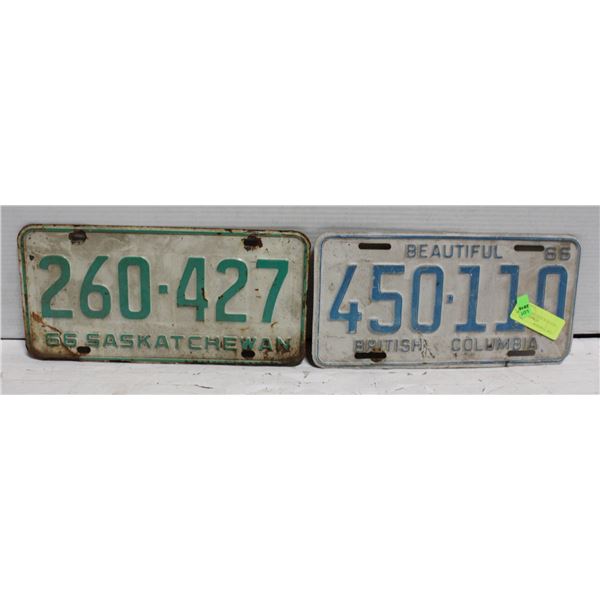 LICENSE PLATES. 1965 BC. 1966 SASK