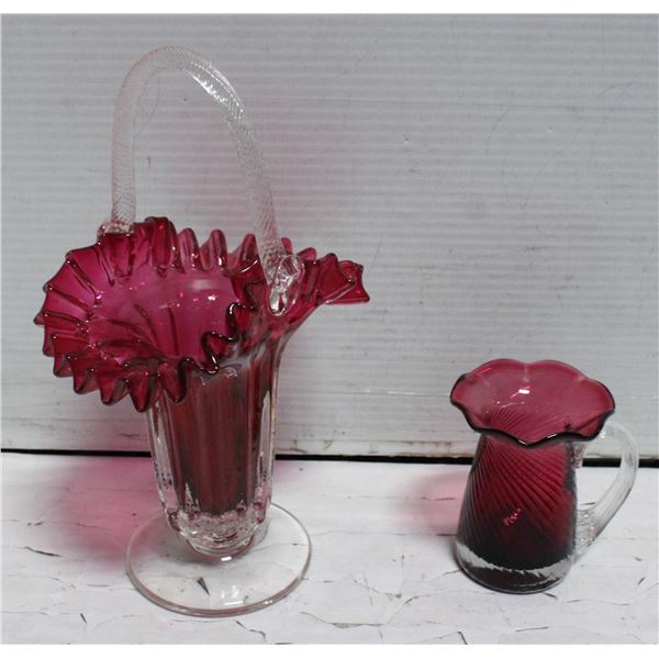 CRANBERRY GLASS BASKET & SMALL JUG
