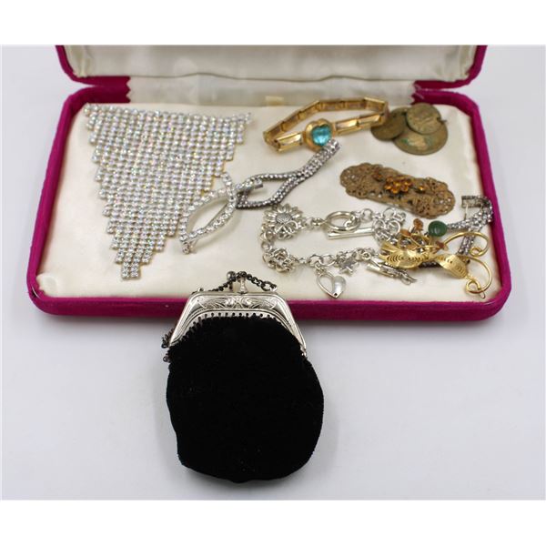 VINTAGE PINK VELVET BOX FULL OF ESTATE JEWELRY