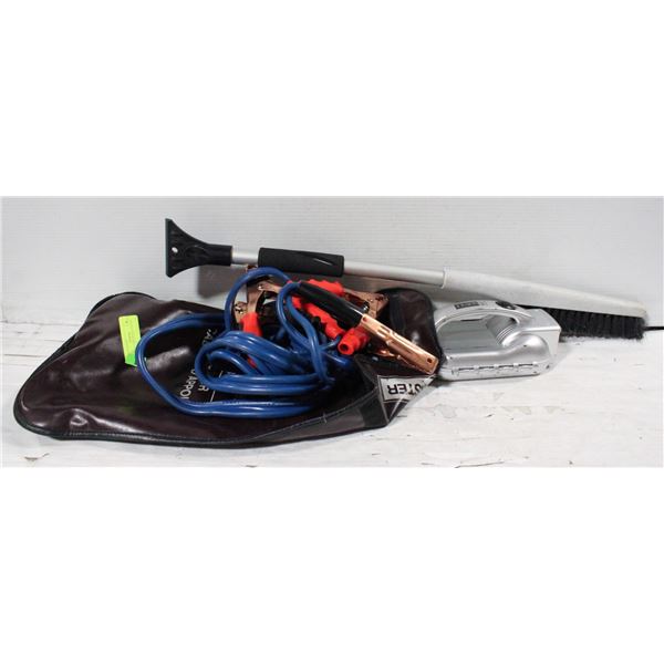 BOOSTER CABLES, FLASHLIGHT, SNOW BRUSH
