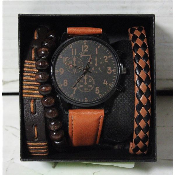 MENS GENEVA WATCH WITH BRACELETS BROWN NEW