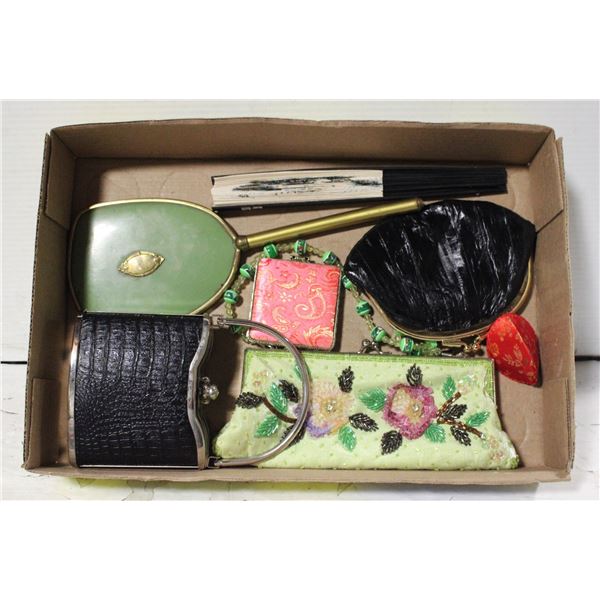 ESTATE VINTAGE HAND MIRROR, PURSES, CHANGE