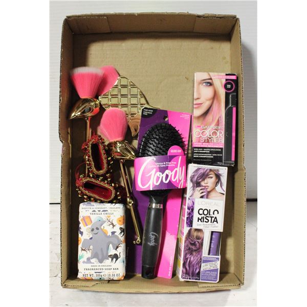 MAKE UP BRUSHES, PIN & PURPLE HAIR COLOR PACKS,