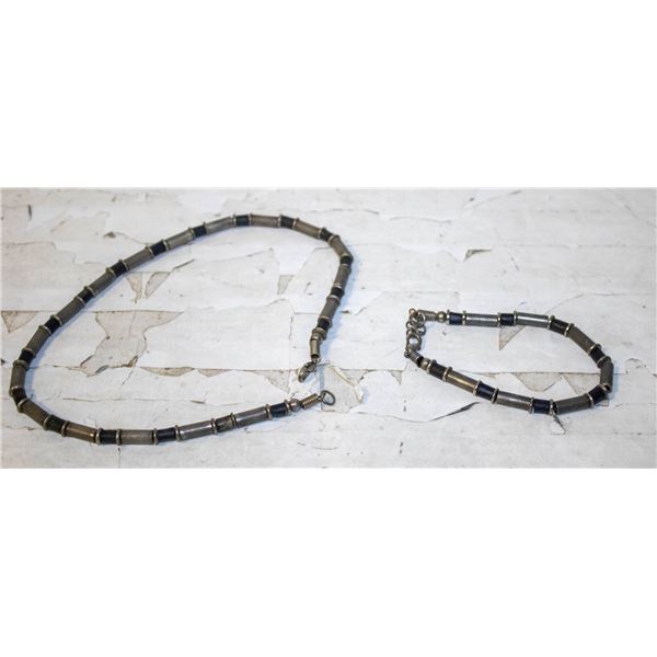 VINTAGE BEADED/METAL BLACK AND SILVER NECKLACE AND
