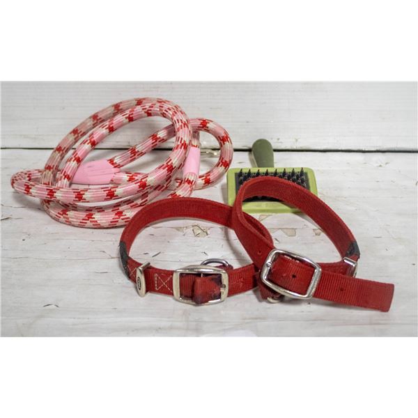 BOX OF DOG LEASH COLLARS & BRUSH