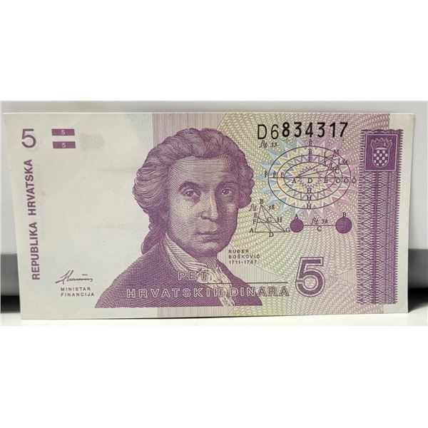 9)  FROM 1991 CROATIA, 5 DINARA BANKNOTE.