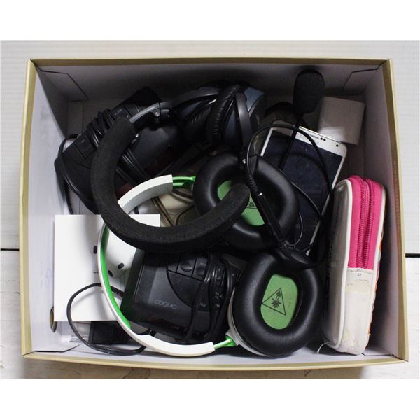 BOX OF BLUETOOTH HEADPHONES, ALARM CLOCKS,