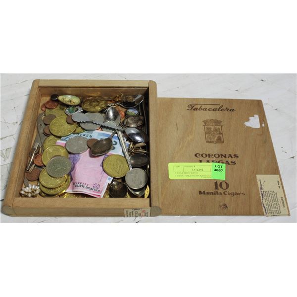 CIGAR BOX WITH COINS,TOKENS,SPOONS ETC
