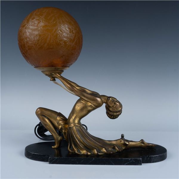 Art Deco Gilt Metal Figural Dancer Lamp with Globe Shade