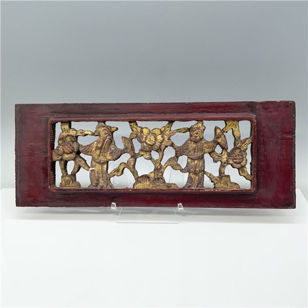 Chinese Hand Carved Wooden Panel with Gilded Motifs