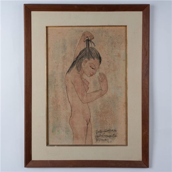 Thanomtup Ronarong, Thai Ink Drawing on Fabric, Signed