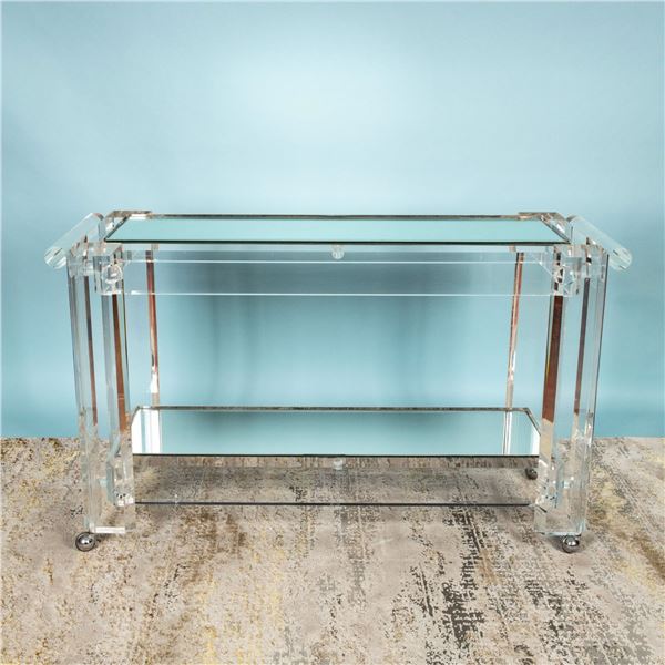 Mid Century Modern Two Tier Lucite Rolling Console