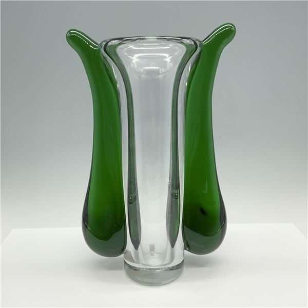 Svoboda Karlov Handblown Glass Vase w/ Green Grips, Signed