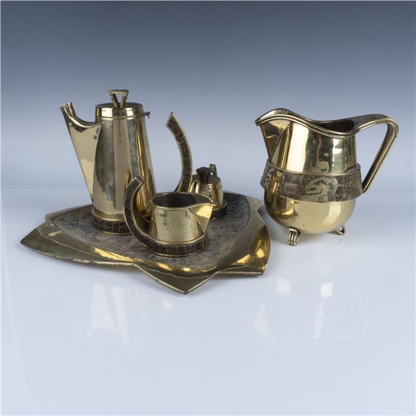 5pc Salvador Teran Taxco Brass and Mosaic Stone Teaware