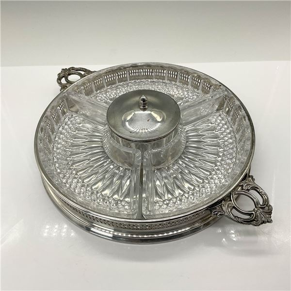 Silverplate Relish Tray w/3 Sections and Lidded Sauce Dish