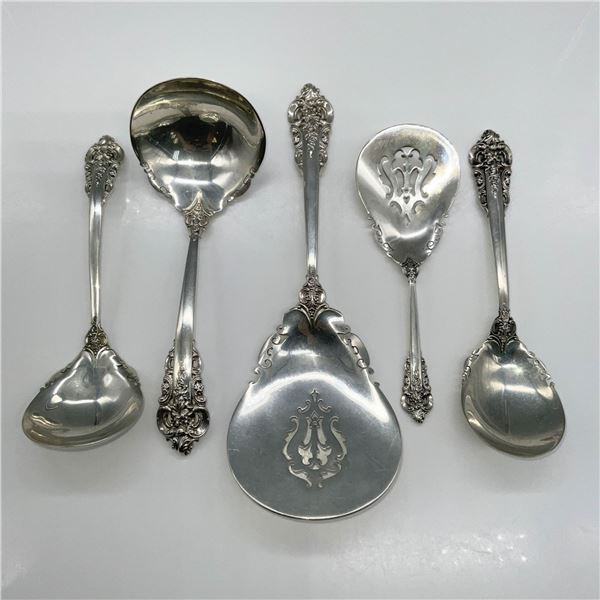 5pc Wallace Sterling Serving Spoons, Grand Baroque