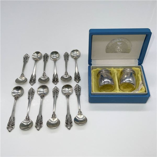 14pc Wallace Sterling Salt Spoons & T. Muto Salt shakers