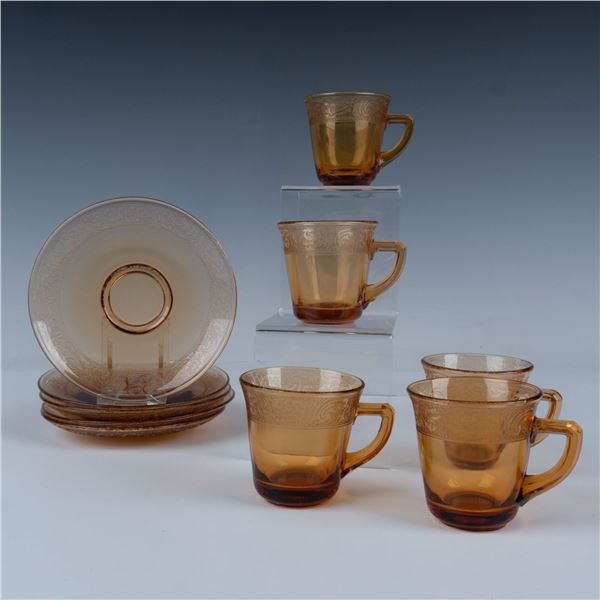 10pc Cambridge Glass Cup & Saucer Sets Florentine Amber