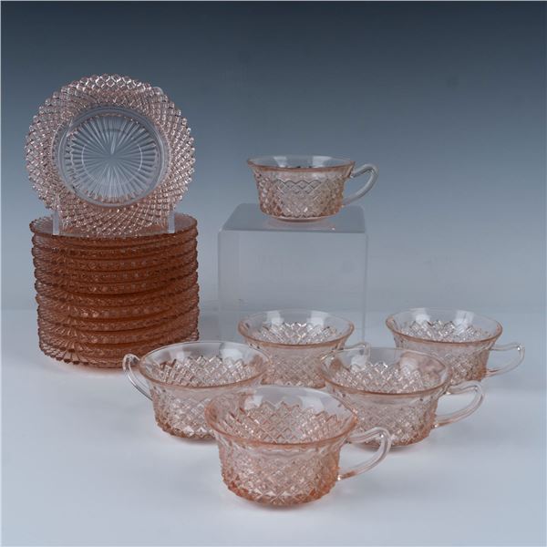 18pc Anchor Hocking Pink Teacup and Saucers, Miss America