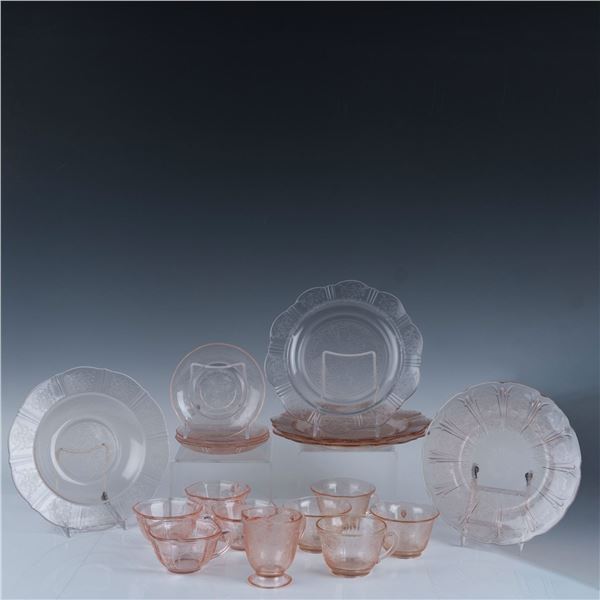 19pc Depression Era Pink Glass Teacups, Saucers, and Plates