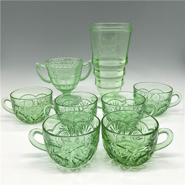 8pc Collection of Green Depression Glass - Cups, Shaker