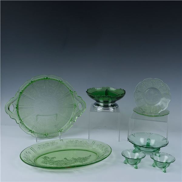 8pc Vintage Green Glassware, Cherry Blossom & Heisey Glass