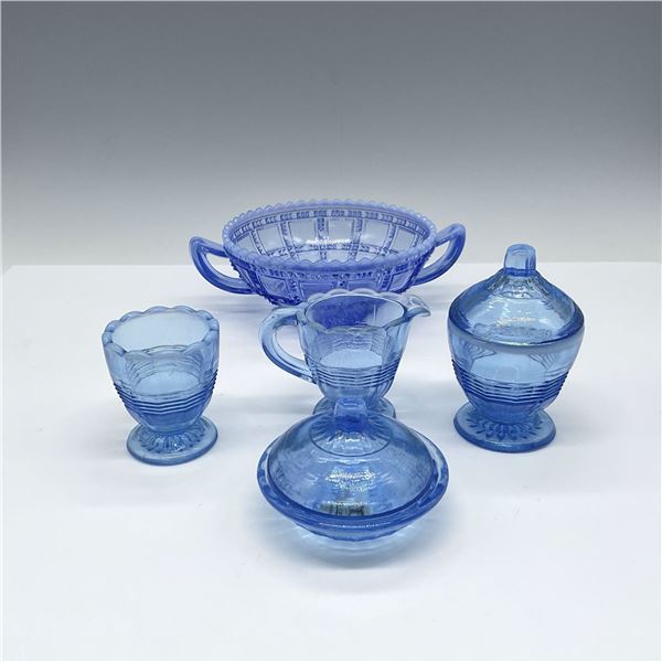 5pc Miniature Collectible Blue Glass Dishes + Sugar Bowl