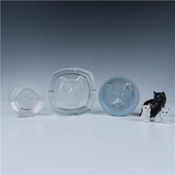 6pc Cristal d'Arques Cat Ashtray & Ceramic Cats