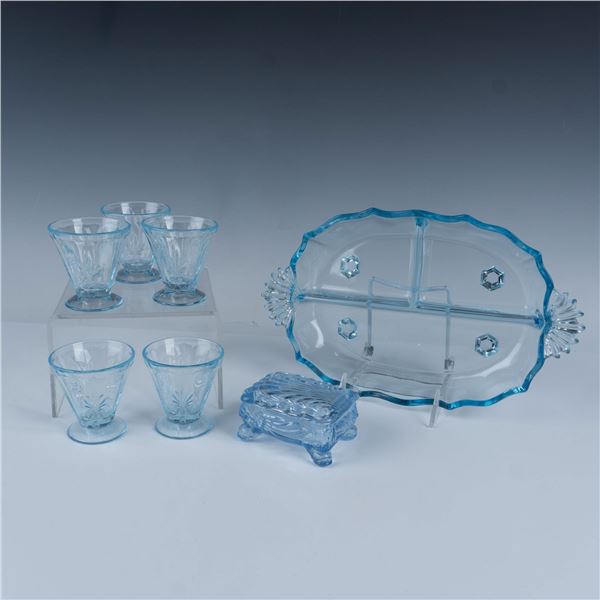 7pc Vintage Blue Pattern Glass Grouping