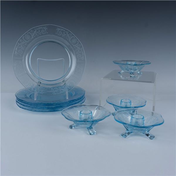 9pc Vintage Fostoria Blue Glass Plates + Candlestick Holders